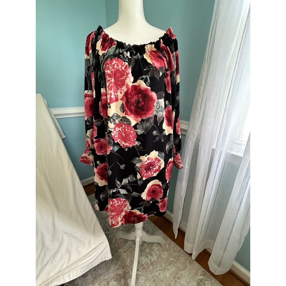 Lilian Floral Off The Shoulder Tunic Dress Red Rose Black Long Sleeve XL USA